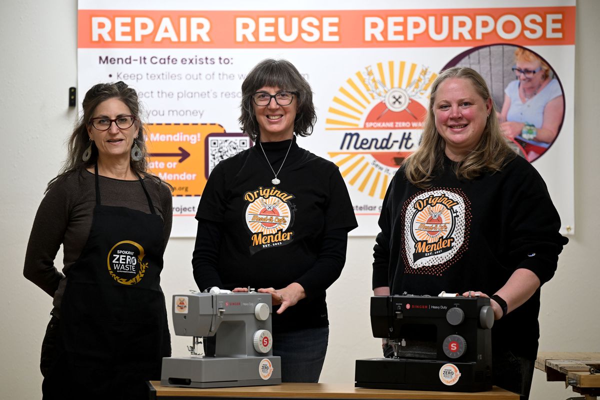 Founder of Spokane Zero Waste Elyse Hochstadt, left; Michelle Eames, a mender; and Erin Bietz, manager of Mend-It Café, keep repairable goods out of the landfill and teach locals how to fix their own belongings.  (Kathy Plonka/The Spokesman-Review)