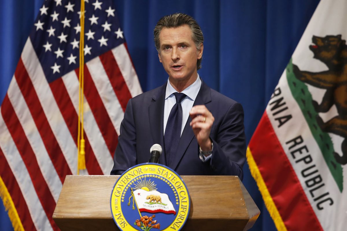 California Gov. Gavin Newsom discusses his revised 2020-2021 state budget during a news conference in May 2020 in Sacramento, Calif.  (Associated Press)