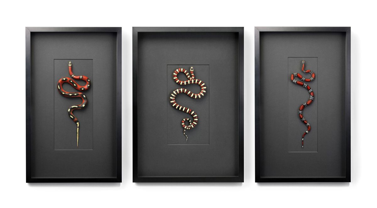 In this photo provided by Pheromonedesign.com, “3 Snakes” by Christopher Marley incorporates elements of nature into contemporary art pieces.