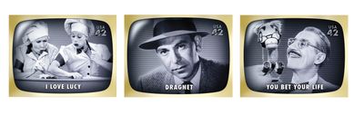 These undated handout images provided by the U.S. Postal Service show 2009  stamps commemorating black-and-white television “I Love Lucy,” “Dragnet” and “You Bet Your Life.”  (Associated Press / The Spokesman-Review)