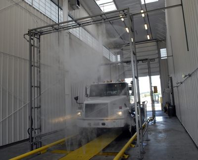 bartr@spokesman.comWaste Management of Spokane’s new operations center in Spokane Valley has a 45-second automated truck-washing system and miniwastewater treatment system to recycle most of that water. (J. Bart Rayniak / The Spokesman-Review)