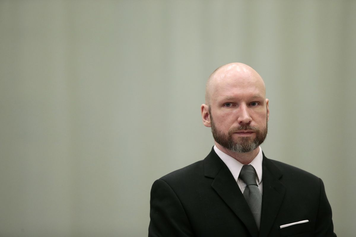 FILE - Convicted mass murderer Anders Behring Breivik looks on during the last day of his appeal case in Borgarting Court of Appeal at Telemark prison in Skien, Norway on Jan. 18, 2017. A decade after the 2011 bombing and shooting spree that left 77 dead, Breivik is seeking early release from a 21-year sentence — the maximum term in Norway.  (Lise Aaserud)