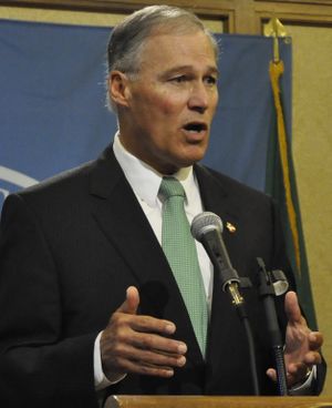 OLYMPIA -- Gov. Jay Inslee answers questions at a press conference on Oct. 1, 2015 (Jim Camden/Spokesman-Review)