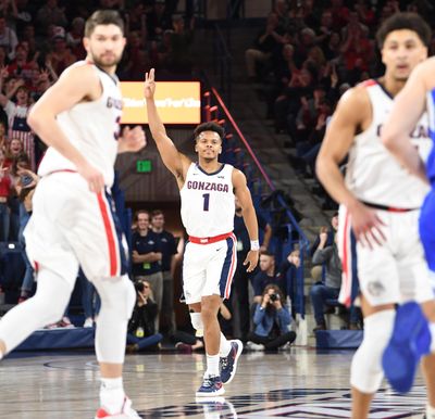 Gonzaga guard Admon Gilder signals his successful  3-pointer against Brigham Young on Saturday, Jan. 18, 2019, at McCarthey Athletic Center. Gonzaga won 92-69. (Jesse Tinsley / The Spokesman-Review)