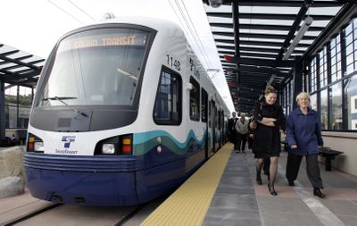 Sen. Patty Murray, right, and others depart after a test ride and media briefing for a Sound Transit Link light rail train Tuesday in Seattle. The rail from downtown Seattle to Sea-Tac International Airport is nearly complete and on schedule to begin service on the first link in July and the entire line by the end of 2009. (Associated Press / The Spokesman-Review)