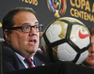 CONCACAF President Victor Montagliani speaks during a news conference in New York in 2016. The United States, Mexico and Canada are going to announce a joint bid for the 2026 World Cup on Monday, a person familiar with the decision said. The confederation made the final decision to go ahead with the bid at its meeting on Saturday. The bid will not formally be announced until Monday in Manhattan. (Bebeto Matthews / Associated Press)