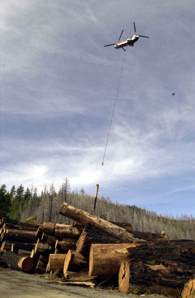 
A helicopter ferries a log to the landing Wednesday on the Mike's Gulch timber sale in Oregon's Rogue River-Siskiyou National Forest. 
 (Associated Press / The Spokesman-Review)
