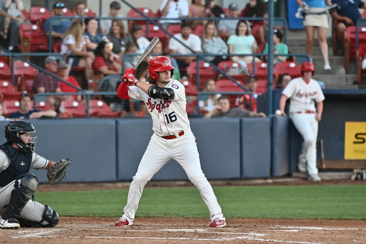 Spokane Indians utility player Mateo Gil looks for a pitch to drive in a game at Avista Stadium earlier this month.   (James Snook/Spokane Indians)