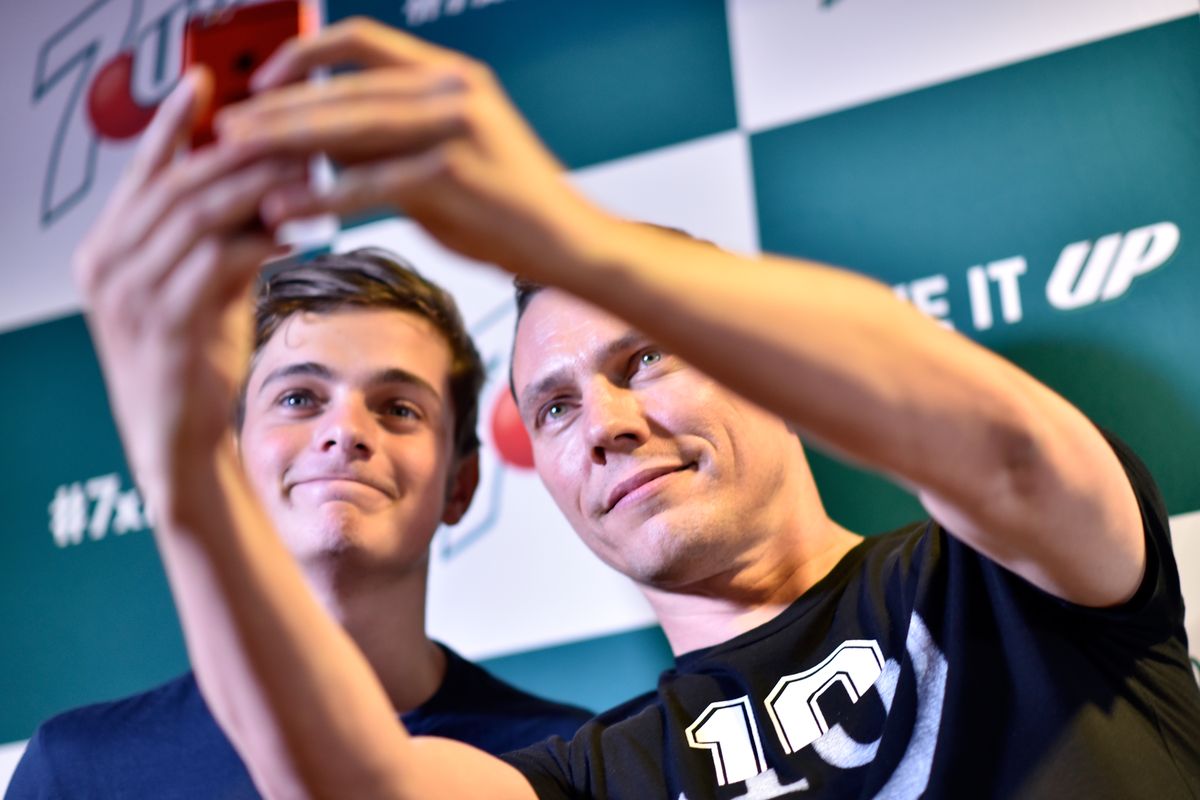 DJs Martin Garrix and Tiesto arrive to meet with winners of the 7UP Summer of EDM Sweepstakes at Pole Position Raceway on Saturday, Sept. 26, 2015, in Las Vegas. Tiesto is part of the lineup of Beyond Wonderland at the Gorge from Oct. 1-2, Insomniac announced on Monday.  (Jeff Bottari/Invision for 7UP/AP)