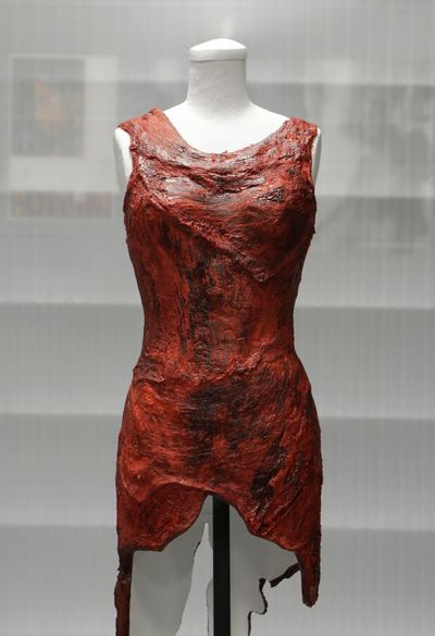 In this file photo taken June 14, 2011, the dress made of meat worn by Lady Gaga at the 2010 MTV Video Music Awards is shown in the museum's vault. A former Ketchikan, Alaska man now has own place in pop history. Sergio Vigalato is the taxidermist who preserved Lady Gaga's now-famous raw-meat dress. The dress is now on display at the Rock and Roll Hall of Fame and Museum in Cleveland. (AP Photo/Mark Duncan, File)