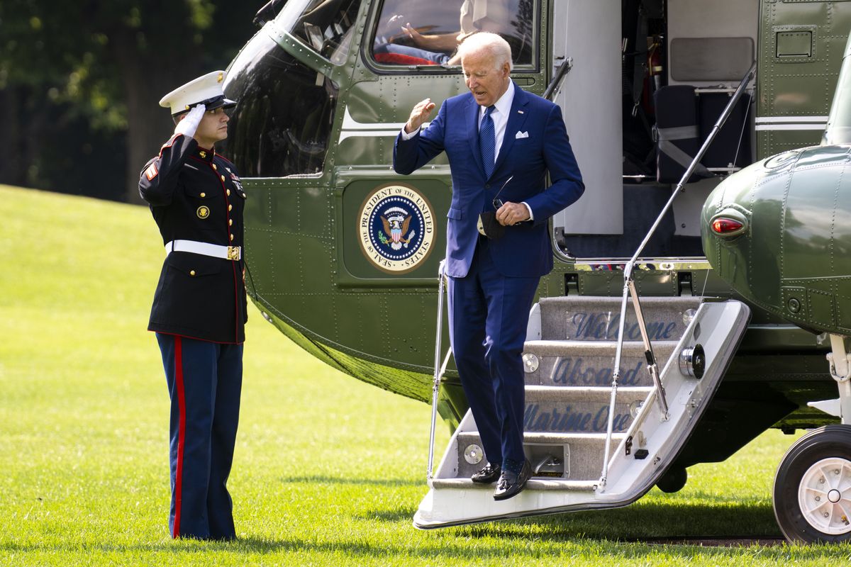 President Joe Biden departs Marine One on the South Lawn of the White House, in Washington Aug. 29, 2022. One fund-raising scheme by the National Republican Senatorial Committee involved text messages that asked provocative questions, including "Should Biden resign?" A request for cash that followed did not reveal where the money was going. (Doug Mills/The New York Times)  (DOUG MILLS)