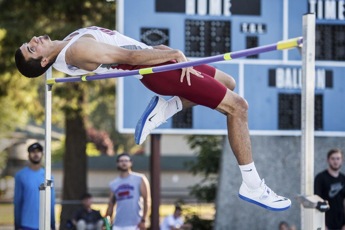 Thane Pierson clears 7 feet, 1/2 inch at the All-Comers track meet at Spokane Falls Community College. (Dan Pelle / The Spokesman-Review)