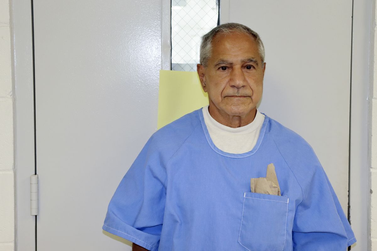 In this image provided by the California Department of Corrections and Rehabilitation, Sirhan Sirhan arrives for a parole hearing Friday, Aug. 27, 2021, in San Diego. Sirhan faces his 16th parole hearing Friday for fatally shooting U.S. Sen. Robert F. Kennedy in 1968.  (HOGP)