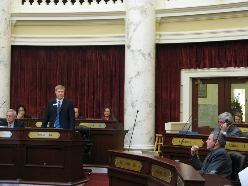 Sen. Branden Durst, D-Boise, debates in the Senate on Wednesday evening (Betsy Russell)