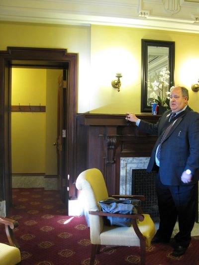 Senate Majority Leader Bart Davis at the closet in a Senate lounge where former Sen. Nicole LeFavour was found hiding Tuesday afternoon as part of a protest; she said she'd been in the closet for five to six hours. (Betsy Russell)