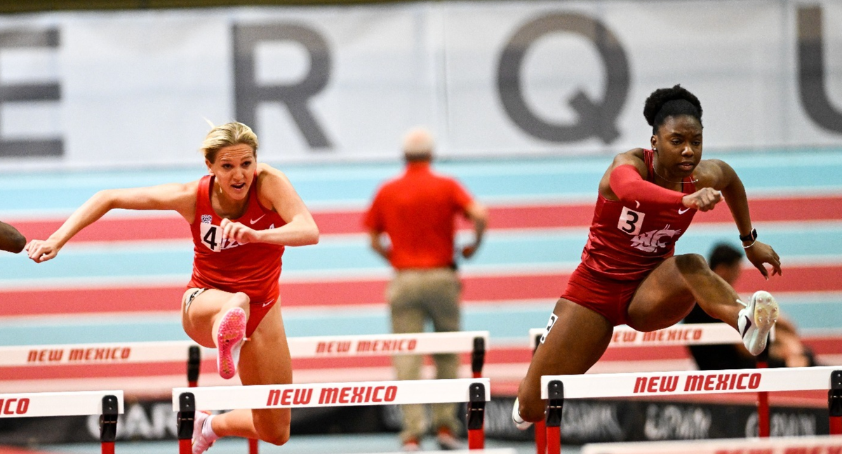 Washington State sprinter Maribel Caicedo, right, has a chance to win a national championship in the 100-meter hurdles at the NCAA Track and Field Championships in Eugene.  (Courtesy of WSU Athletics)
