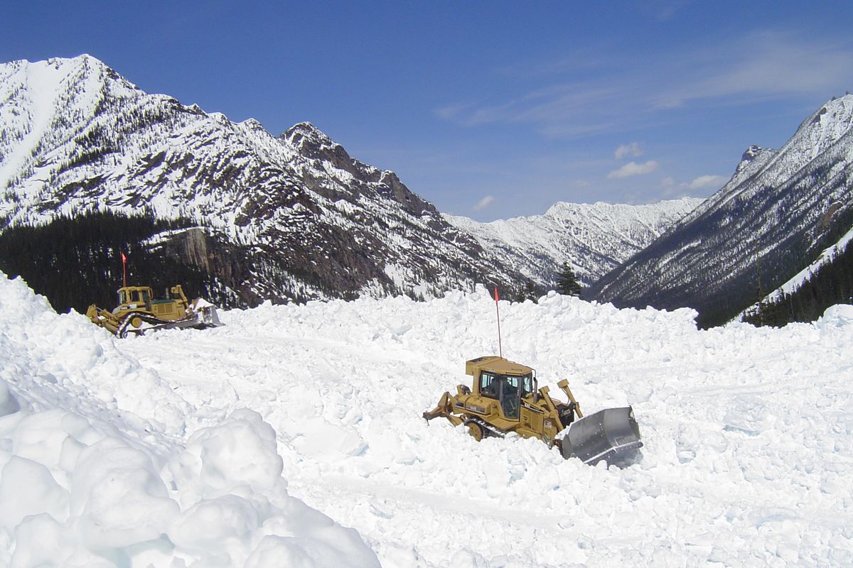 Washington DOT crews clear snow from the North Cascades Highway at  Liberty Bell chute #1.
 (Washington Department of Transportation)