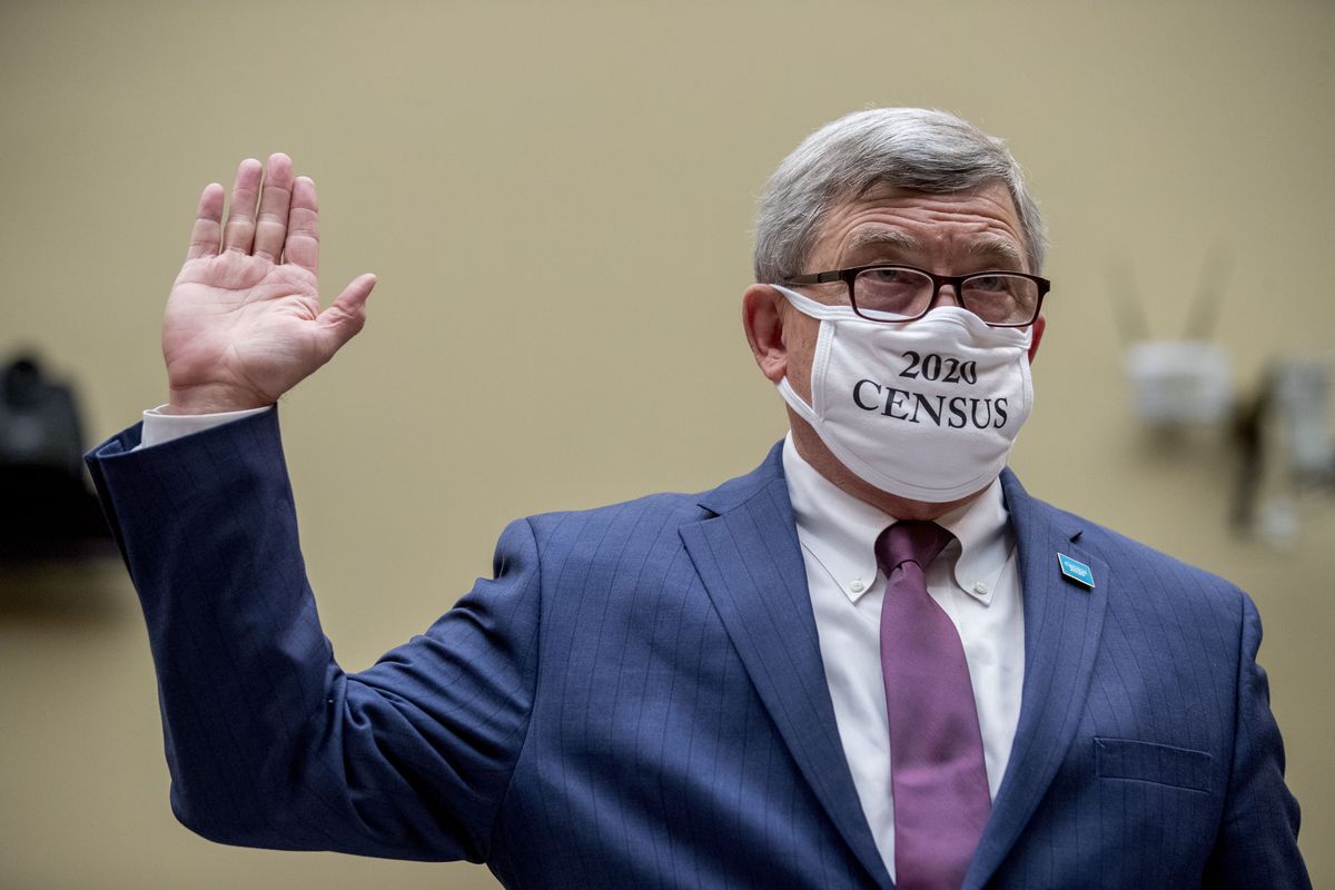 Census Bureau Director Steven Dillingham wears a mask with the words "2020 Census" as he is sworn in to testify before a House Committee on Oversight and Reform hearing on the 2020 Census​ on Capitol Hill, Wednesday, July 29, 2020, in Washington.  (Andrew Harnik)