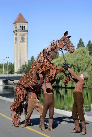 The crew of “War Horse” showed off Joey at a promotional event last August in Spokane. (Dan Pelle)