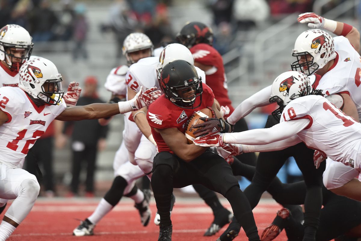 Eastern Washington’s Shaq Hill meets the aggressive Illinois State defense that seemed to swarm to the ball all game in the 59-46 win for the Redbirds at Roos Field. (Tyler Tjomsland)