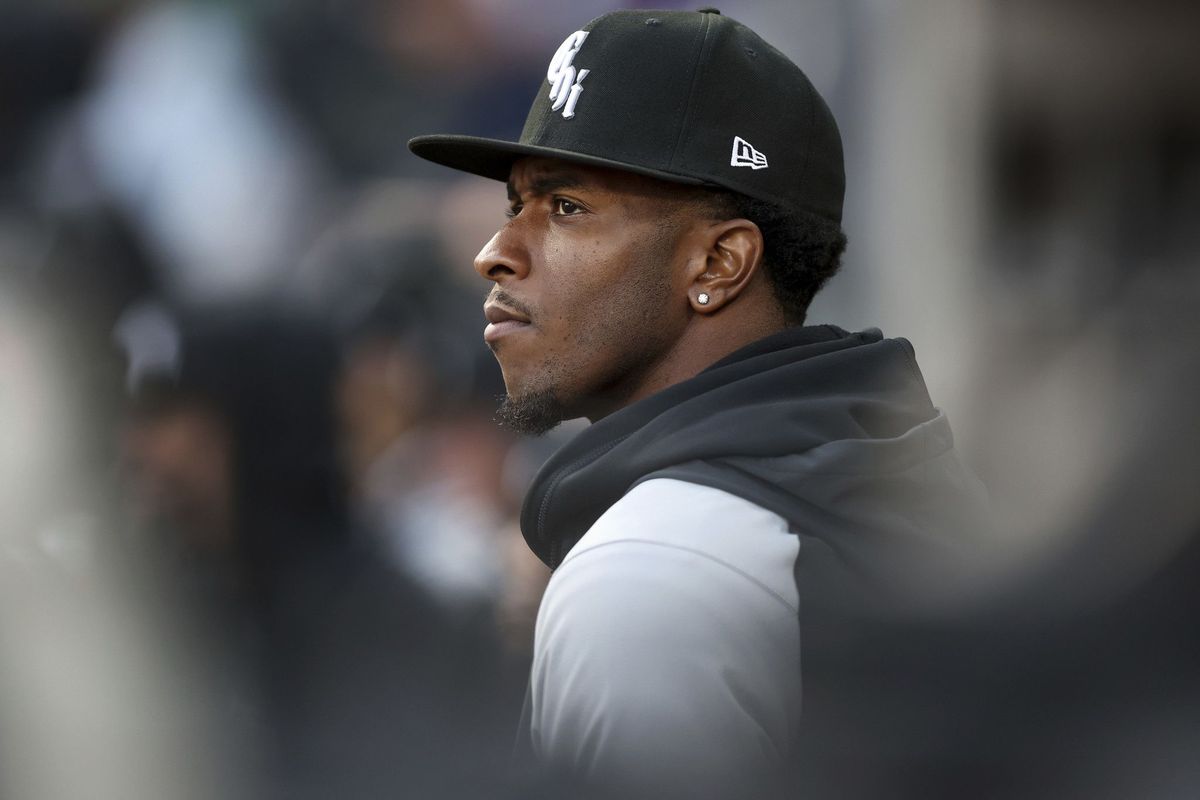 White Sox shortstop Tim Anderson looks out from the dugout in the first inning against the Phillies at Guaranteed Rate Field on April 18, 2023.  (Tribune News Service)