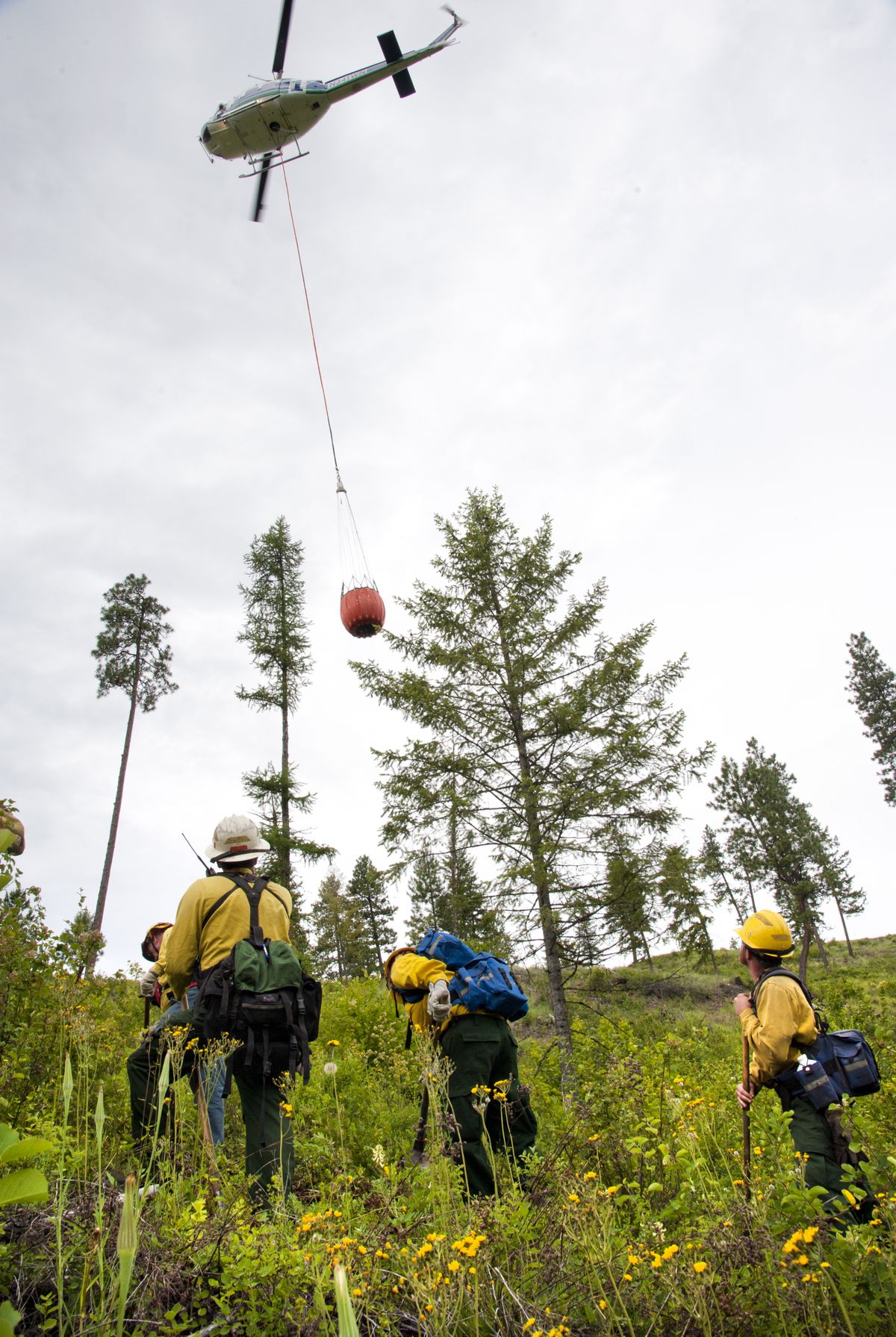 DNR fire crews dig a fire line as a helicopter prepares to drop water during Helitack training Wednesday off Pingston Creek Road near Colville. (Dan Pelle)