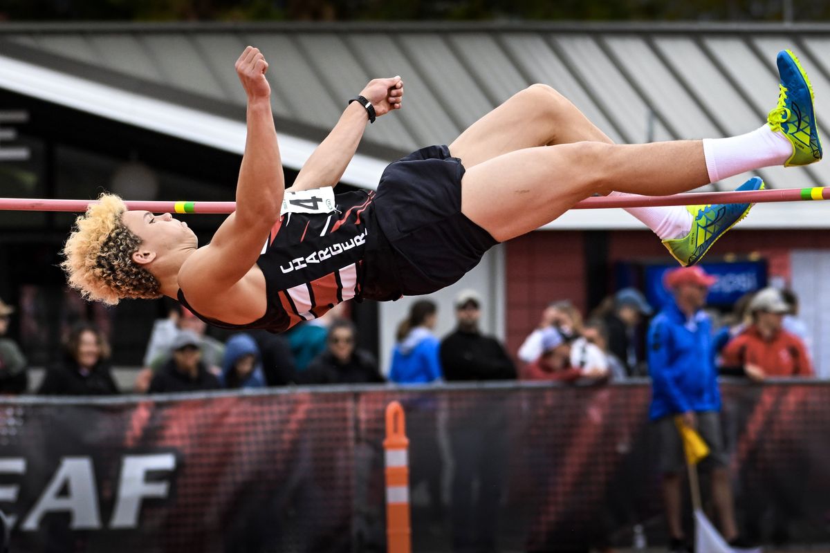 Springdale’s Tomeko Cates clears 6 feet, 4 inches Saturday to win the boys State 1B high jump during the championships at Roos Field in Cheney.  (COLIN MULVANY/THE SPOKESMAN-REVIEW)