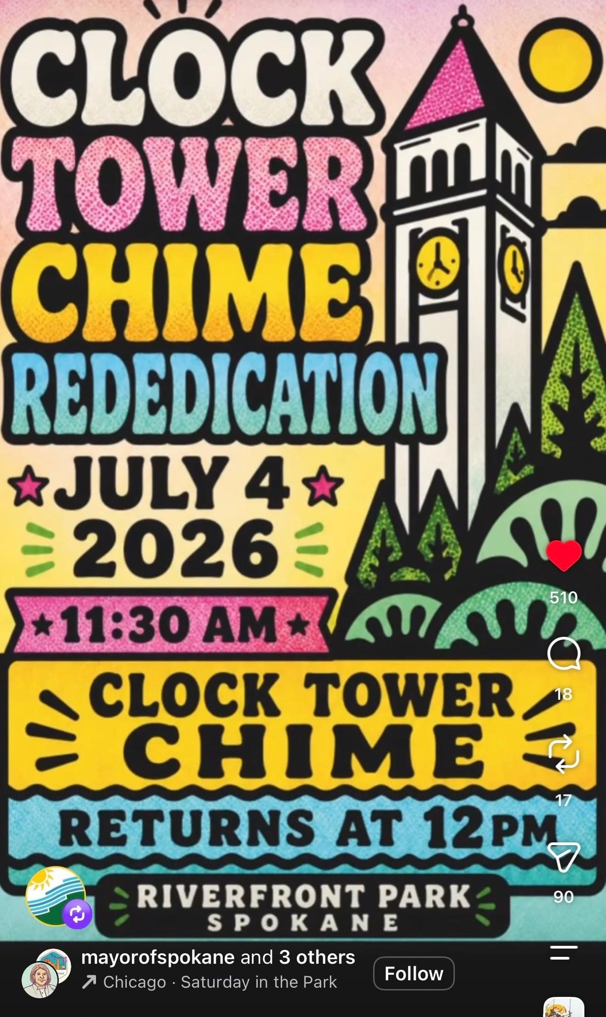Spokane city officials, hoping to invite the public to the Great Northern Clocktower to hear the restored chime, accidentally released an AI-generated flyer that plagiarized the work of artist Matthew Clinard. The image was pulled from social media accounts after Clinard complained publicly.  (Courtesy image/AI generated)
