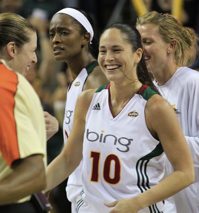 Sue Bird smiles after hitting the winning shot to beat the Connecticut Sun last week. (Associated Press)