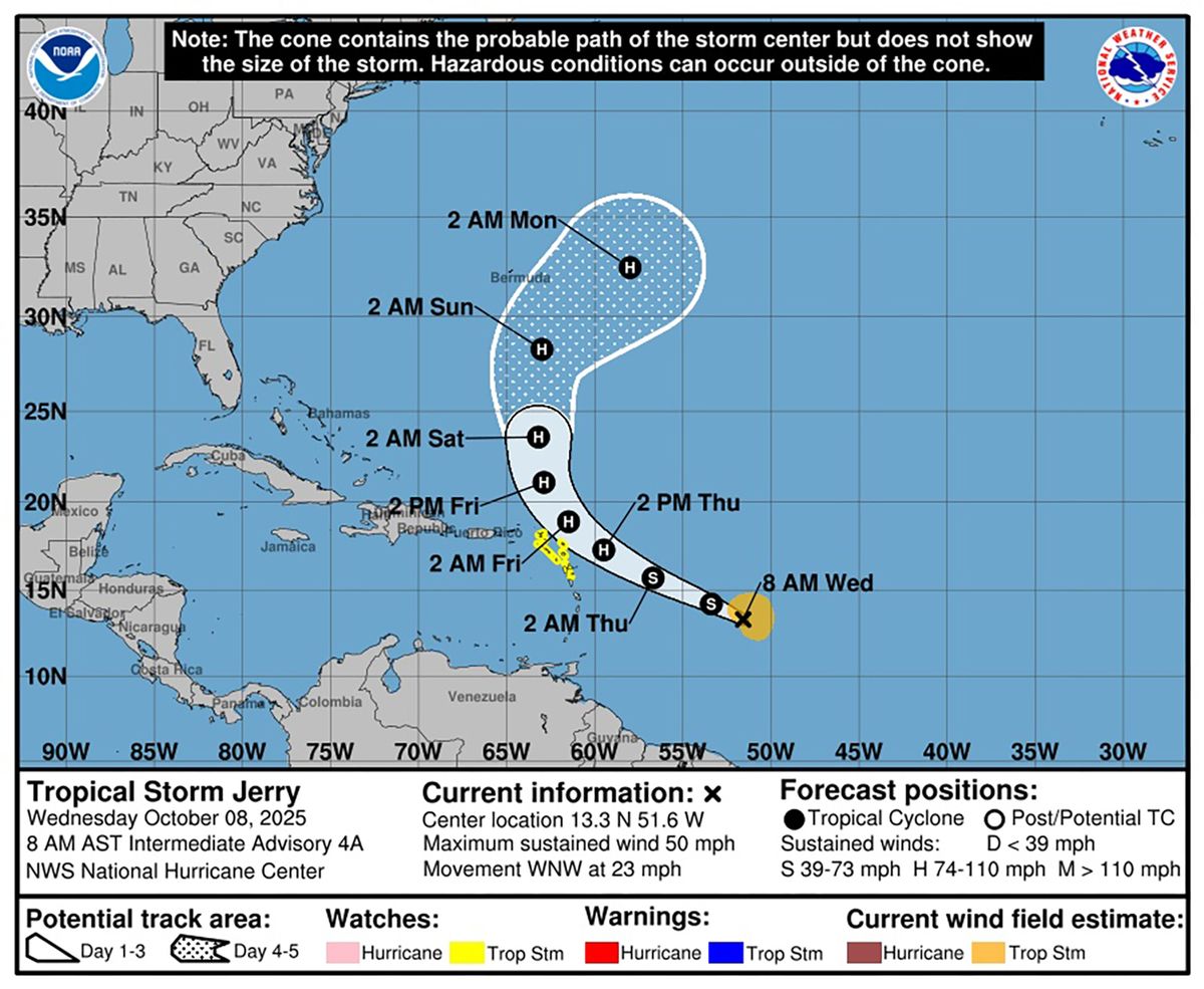 Tropical Storm Jerry forecast path as of 8 a.m. Wednesday, Oct. 8, 2025.   (National Hurricane Center/TNS)