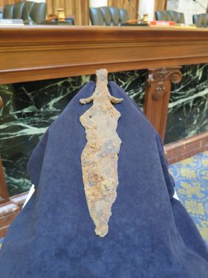 Historic battle axe thought to date from the Lewis and Clark Expedition is displayed in the chambers of the Idaho Legislature's Joint Finance-Appropriations Committee, on Monday, Feb. 13, 2017 (Betsy Z. Russell)