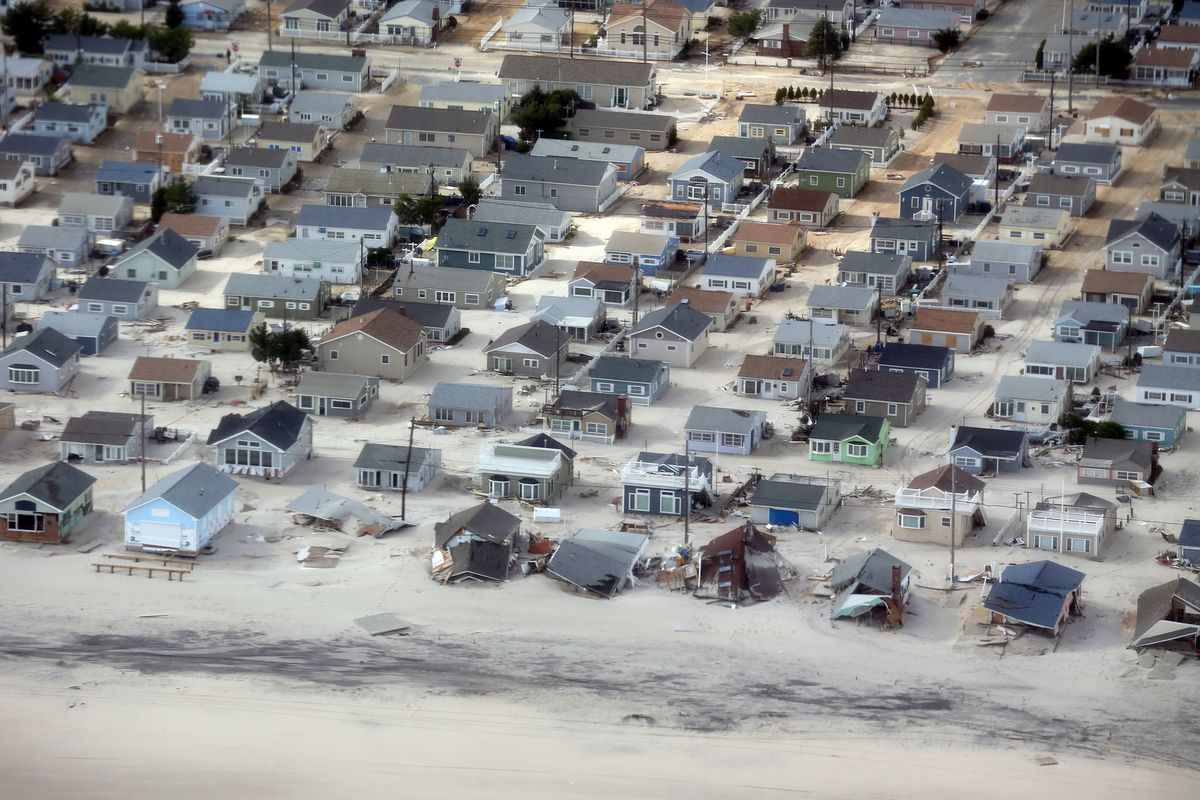 The view of storm damage over the Atlantic Coast in Seaside Heights, N.J.,  Wednesday, Oct. 31, 2012, from a helicopter traveling behind the helicopter carrying President Obama and New Jersey Gov. Chris Christie, as they viewed storm damage from superstorm Sandy. (Doug Mills / Pool The New York Times)