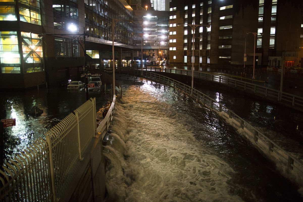 Sea water floods the entrance to the Brooklyn Battery Tunnel, Monday, Oct. 29, 2012, in New York. Sandy continued on its path Monday, as the storm forced the shutdown of mass transit, schools and financial markets, sending coastal residents fleeing, and threatening a dangerous mix of high winds and soaking rain.� (John Minchillo / Fr170537 Ap)