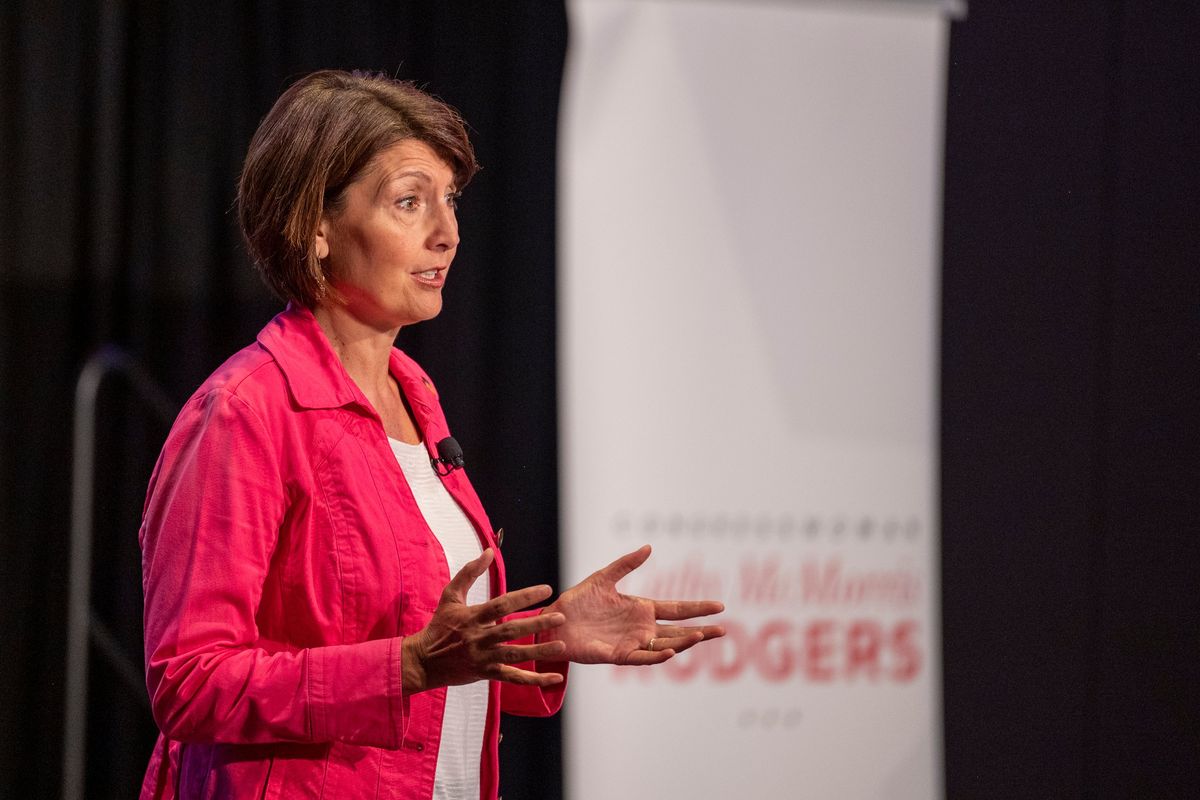 U.S. Rep. Cathy McMorris Rodgers, R-Spokane, speaks to a small crowd at a town hall meeting on Wednesday at the Spokane Convention Center in downtown Spokane.  (Jesse Tinsley/THE SPOKESMAN-REVI)