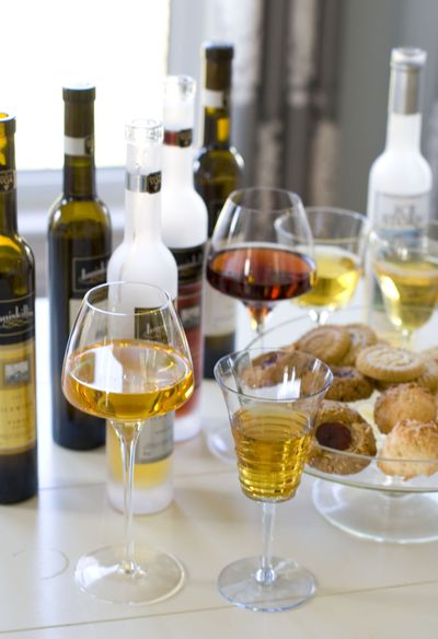 Ice wines, such as those shown above from Inniskillin and Ice Storm wineries, are a favorite for holiday pairings. The dessert wines are made from grapes left to freeze on the vine. (Associated Press)