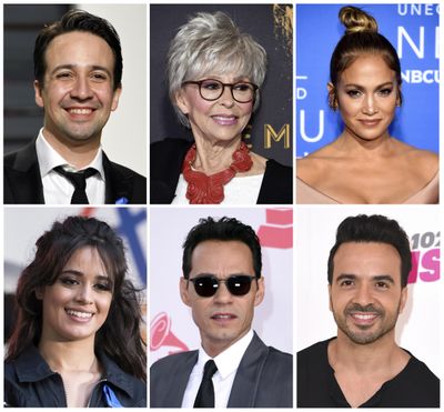 This combination photo shows Lin-Manuel Miranda, top row from left, Rita Moreno, Jennifer Lopez, and bottom row from left, Camilla Cabello, Marc Anthony and Luis Fonsi who are a few of the musicians who have participated in the new original song, 
