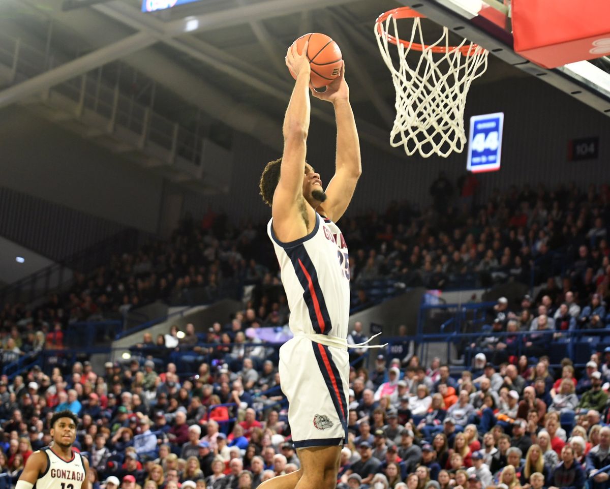 Gonzaga's Colby Brooks(25) takes a fast break up for a quick two-point flush in the non-conference game between the Eastern Oregon Mountaineers and the Gonzaga Bulldogs in the McCarthey Athletic Center Wednesday, Dec . 28, 2022 at Gonzaga University in Spokane, Washington. The Zags took care of the Mountaineers 120-42. (Jesse Tinsley/THE SPOKESMAN-REVIEW)