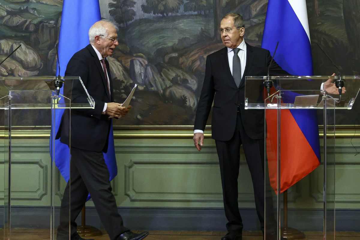 In this photo released by the Russian Foreign Ministry Press Service, Russian Foreign Minister Sergey Lavrov, right, and High Representative of the EU for Foreign Affairs and Security Policy, Josep Borrell leave a joint news conference following their talks in Moscow, Russia, Friday, Feb. 5, 2021. The European Union