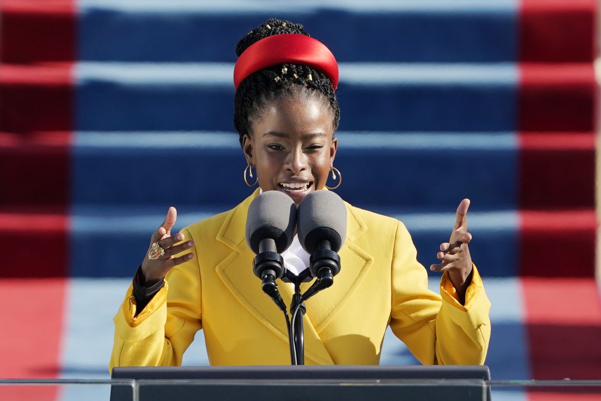 American poet Amanda Gorman reads a poem during the 59th Presidential Inauguration at the U.S. Capitol in Washington, Wednesday, Jan. 20, 2021.  (Patrick Semansky)