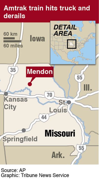 Locator map of Mendon, Missouri, where an Amtrak train derailed.  (Staff/TNS/TNS)