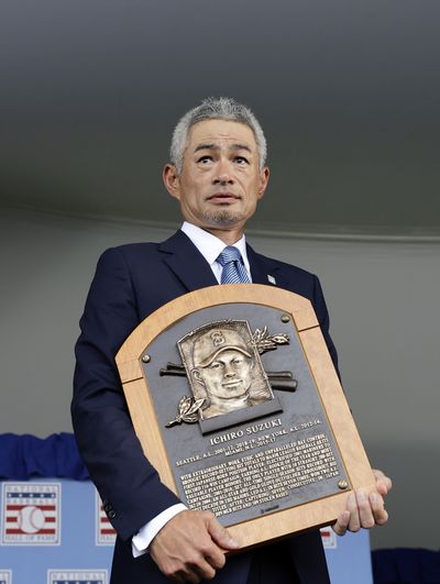 Ichiro Suzuki holds his plaque after the Baseball Hall of Fame induction ceremony on Sunday at Clark Sports Center in Cooperstown, N.Y.  (Getty Images)