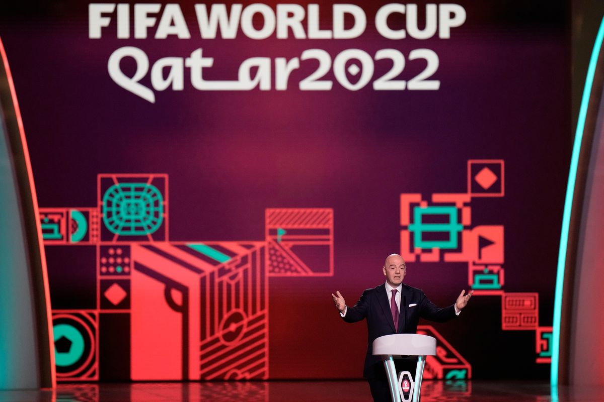 FIFA President Gianni Infantino speaks before the 2022 soccer World Cup draw at the Doha Exhibition and Convention Center in Doha, Qatar, Friday, April 1, 2022.  (Associated Press)