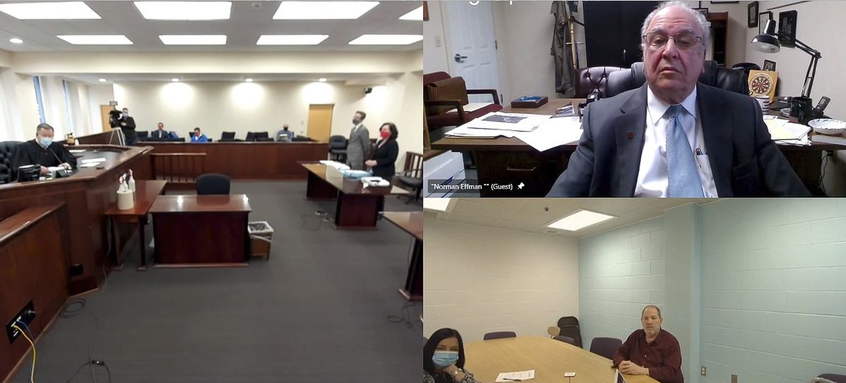 In this image taken from court video, Harvey Weinstein, lower right, attends a hearing from Wende Correctional Facility, a maximum security prison, near Buffalo, NY, Friday, April 30, 2021. Also shown are Erie County Court Judge Kenneth Case, left, Erie County Assistant District Attorney Colleen Curtin Gable, standing left center, and Weinstein's lawyer Norman Effman, upper right. Effman indicated he will continue to challenge the imprisoned movie producer's transfer to California to face rape and sexual assault charges.  (HOGP)