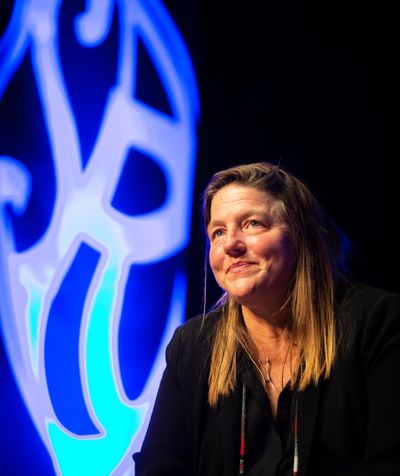 Author Pam Houston speaks onstage at a Northwest Passages event on Tuesday, March 26, 2019, at the Bing Crosby Theater. (Libby Kamrowski / The Spokesman-Review)