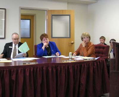 Sens. Lee Heinrich, left, Joyce Broadsword, center, and Diane Bilyeu hear a presentation from Idaho Transportation Department official Alan Frew on Tuesday regarding legislation to raise DMV fees. (Betsy Russell / The Spokesman-Review)