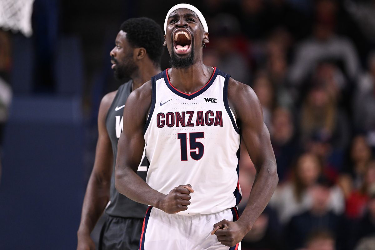 Gonzaga Bulldogs forward Graham Ike (15) cheers as Washington State Cougars forward Nd Okafor (22) reacts after GU forced a stop Washington State Cougars during the second half of college basketball game on Tuesday, Feb 10, 2026, at McCarthey Athletic Center in Spokane, Wash. Gonzaga won the game 83-53. (Tyler Tjomsland/The Spokesman-Review)