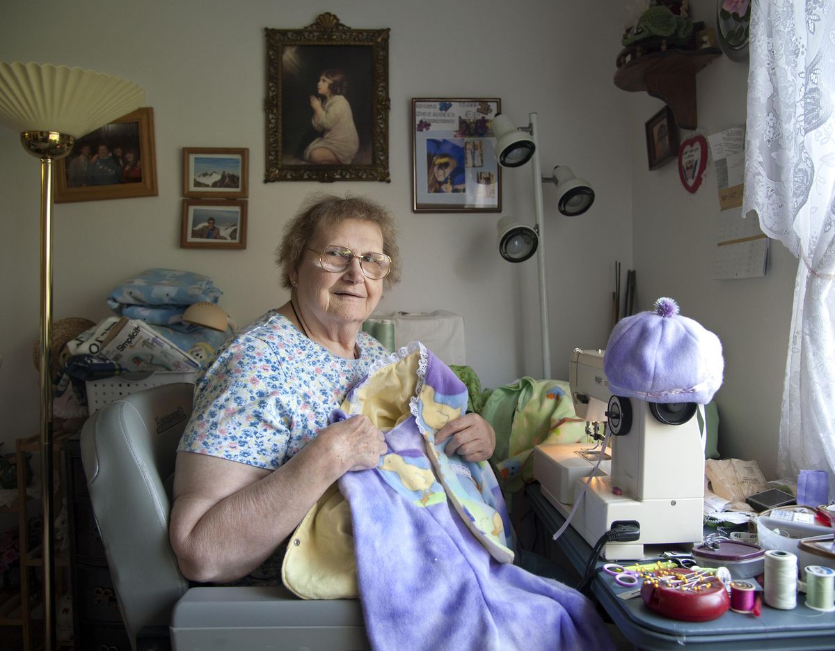 Phyllis LaRocque, 77, has nearly reached her goal of sewing 50 coats/snowsuits for the 30th Annual KXLY Coats for Kids Drive, Oct. 2, 2015, in her Spokane Valley Apartment. Her jackets, snow pants and hats are made from fleece and flannel. "I