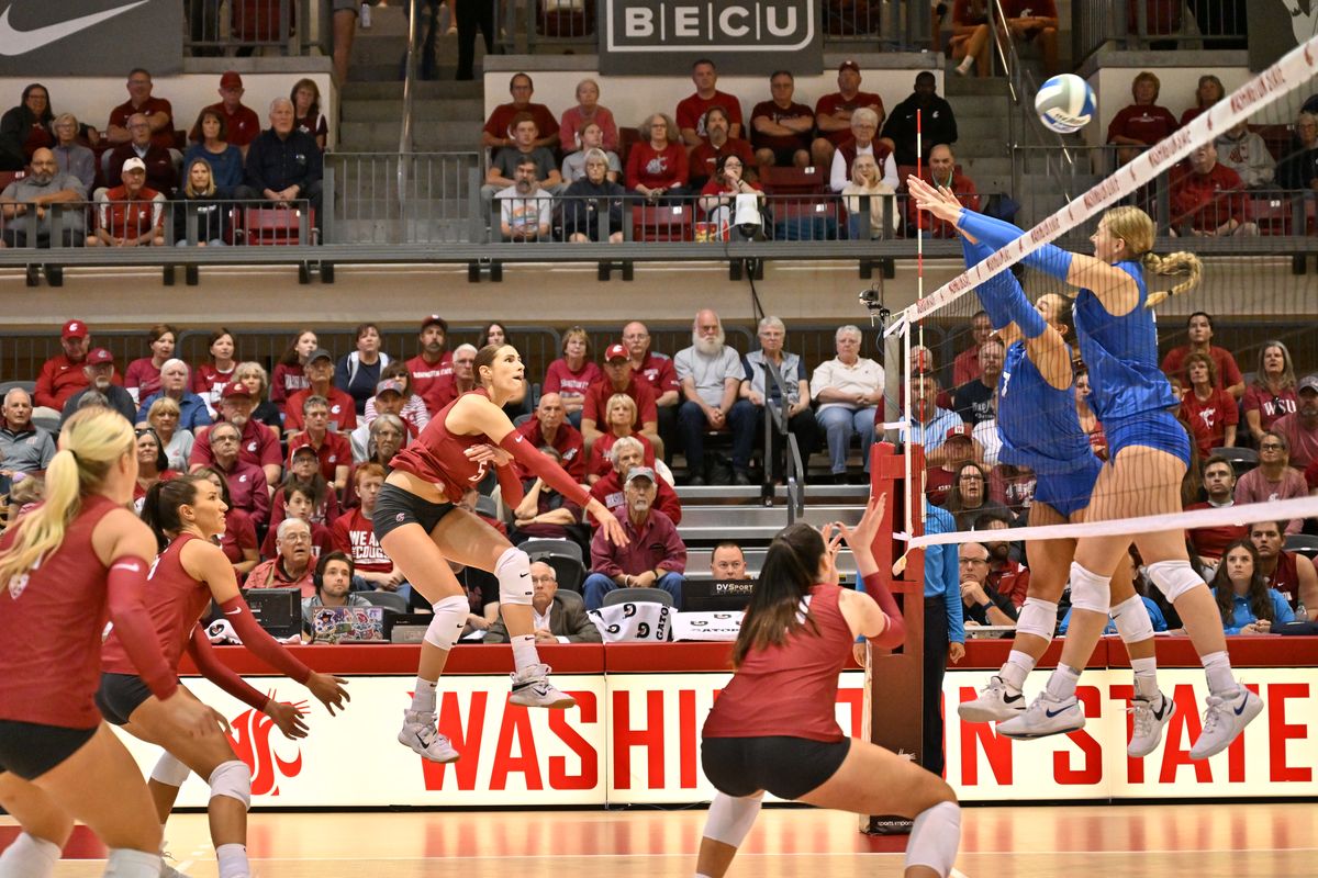 WSU outside hitter Iman Isanovic takes a swing against two BYU blockers in the Cougars