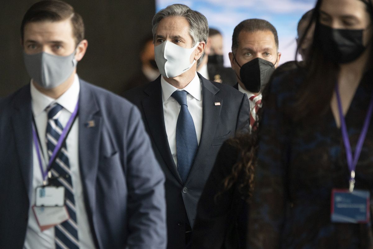 US Secretary of State Antony Blinken, centre, arrives for the Arctic Council Ministerial Meeting in Reykjavik, Iceland, Thursday, May 20, 2021. Top diplomats from the United States and Russia sparred politely in Iceland during their first face-to-face encounter, which came as ties between the nations have deteriorated sharply in recent months. (Saul Loeb)