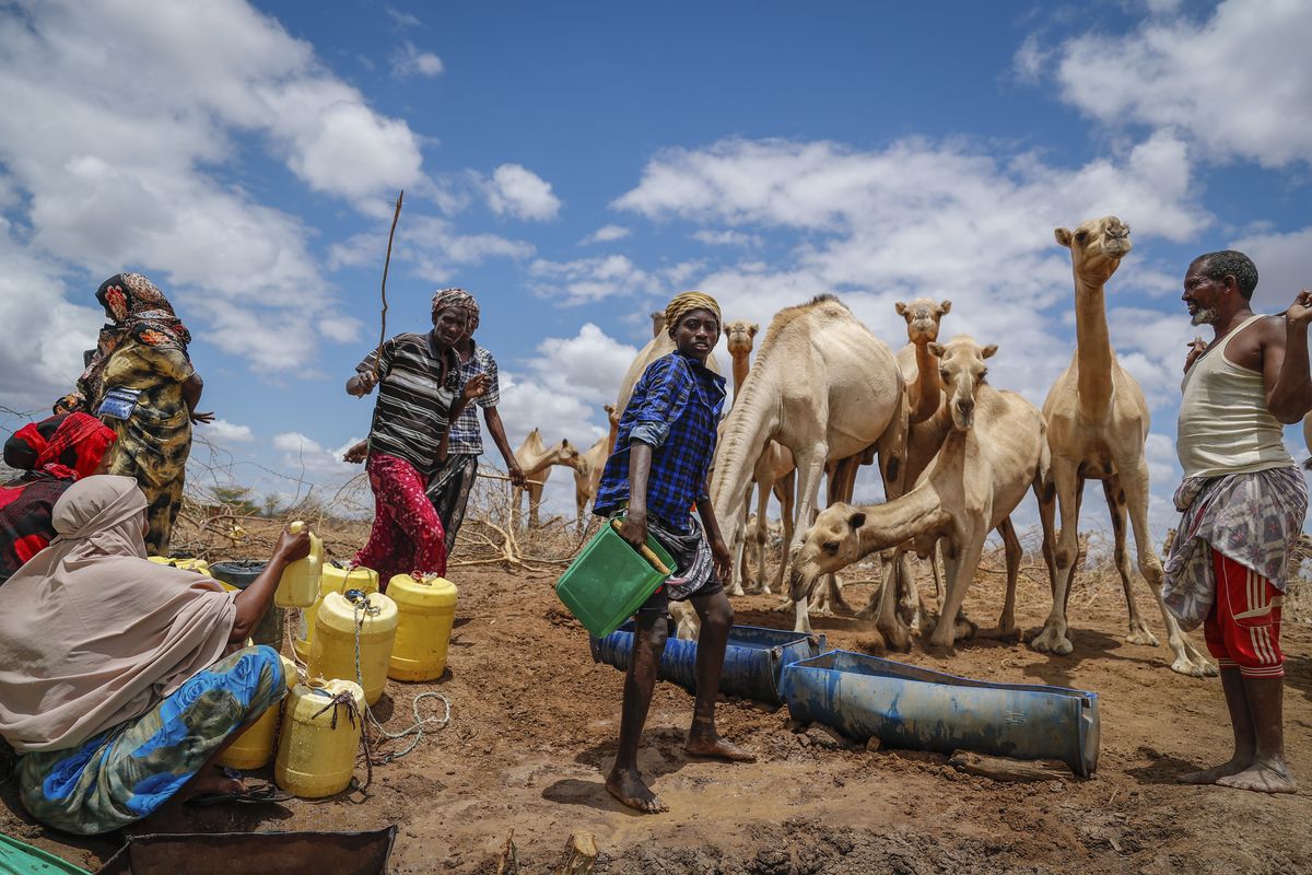 FILE - Herders supply water from a borehole to give to their camels near Kuruti, in Garissa County, Kenya Wednesday, Oct. 27, 2021. The aid agency Oxfam International warned Tuesday, March 22, 2022 that widespread hunger across East Africa could become "a catastrophe" without an injection of funds to the region